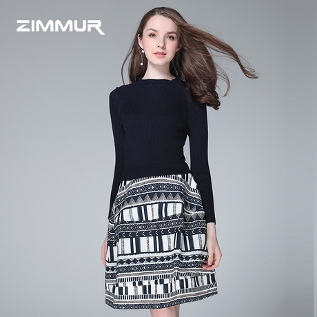 ZIMMUR秋冬新款2018印花针织衫毛衣OL打底长袖优雅收腰修身连衣裙商品大图