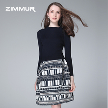 ZIMMUR秋冬新款2018印花针织衫毛衣OL打底长袖优雅收腰修身连衣裙图片