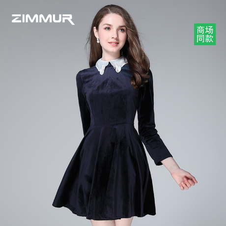 ZIMMUR秋季新款2018藏蓝色丝绒长袖衬衫领A字裙打底收腰OL连衣裙商品大图