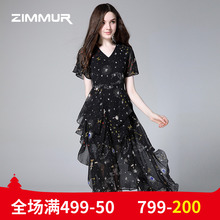 ZIMMUR夏季新款2018收腰V领喇叭袖印花雪纺网纱中长款大摆连衣裙图片