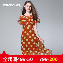 ZIMMUR夏季新款2018波点圆点不规则大摆中长雪纺荷叶边印花连衣裙图片
