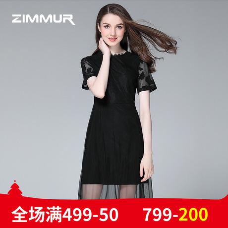 ZIMMUR夏季新款2018优雅礼服小黑裙OL网纱蕾丝雪纺中长黑色连衣裙商品大图