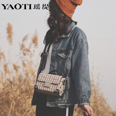 复古单肩斜挎包包女2018新款潮韩版格纹百搭女包简约格子手提小包