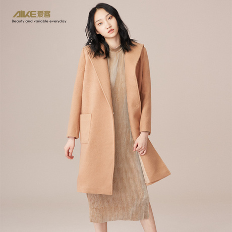 爱客女装2018秋装新款简约纯色翻领连帽风衣毛呢大衣外套女中长款商品大图