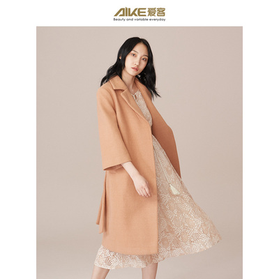爱客毛呢外套女中长款过膝韩版2018新款春秋西装衣服薄款呢子大衣