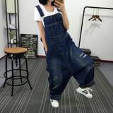 JND春季新款破洞牛仔背带裤女长裤宽松大码连体阔腿裤吊裆垮裤潮
