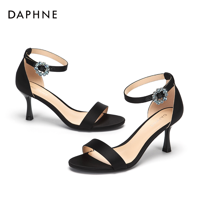 夏季新款一字带高跟鞋细跟纯色通勤时尚凉鞋女2018达芙妮Daphne