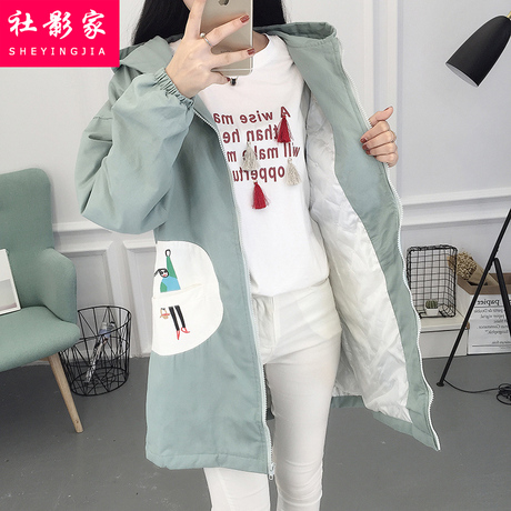 秋冬装新款女装加厚中长款风衣外套少女韩版连帽棉衣初中高中学生商品大图