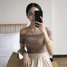 夏季女装新款韩版t恤女短袖修身百搭露肩一字领显瘦上衣打底衫潮