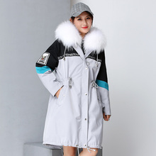 2018冬新款派克服显瘦修身白貉子毛连帽羽绒内胆女装中长款外套图片