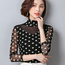 韩版女装高领网纱打底衫女长袖T恤秋冬新款波点小衫印花透视上衣图片