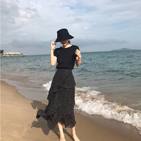 大花媛复古波点高腰显瘦沙滩chic雪纺女夏bf韩中长款鱼尾半身裙