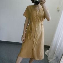 连衣裙女 chún棉质系带舒适中长款 冷淡风简约显瘦 内销单