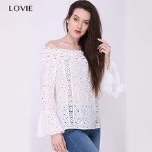 女喇叭长袖 欧美2018早秋流行刺绣衬衫 LOVIE 纯棉露肩上衣一字肩
