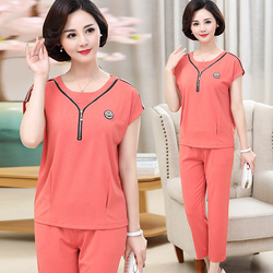 中老年女装夏装短袖套装2019新款大码休闲妈妈装洋气阔太太两件套