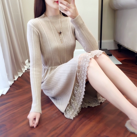 2018秋冬蕾丝打底针织连衣裙女装秋装潮韩版长款秋冬毛衣裙子过膝商品大图
