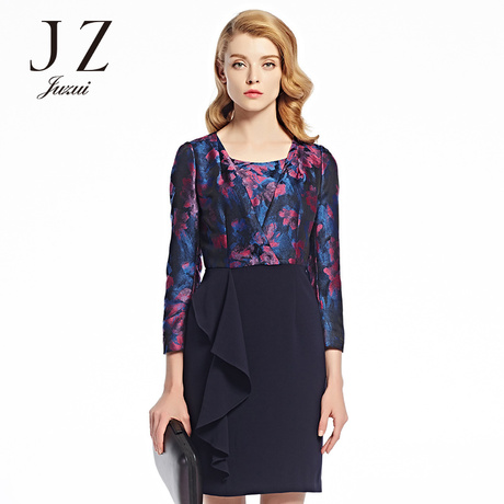 JUZUI/玖姿2016旗舰店女秋装新款拼接复古修身优雅长袖连衣裙商品大图