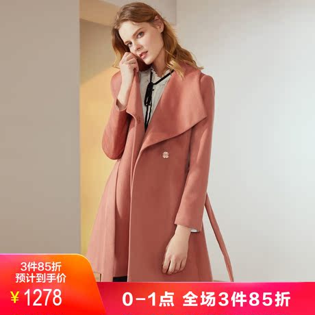 JUZUI/玖姿奥莱店2018冬装大翻领羊毛呢子大衣收腰显瘦腰带款商品大图