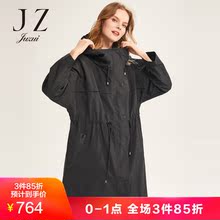 玖姿奥莱店2018秋装连帽抽绳收腰oversize长款风衣外套图片