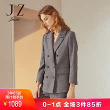 JUZUI/玖姿奥莱2018冬装复古羊毛双排扣细格纹西装外套女图片