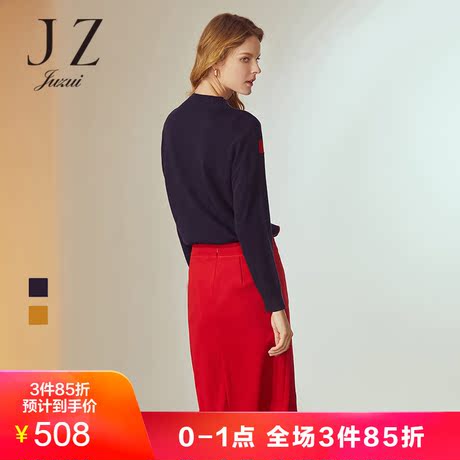 JUZUI/玖姿奥莱店2018冬装新款撞色亮丝混纺拼接套头针织衫女商品大图