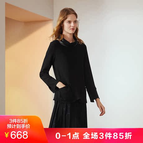 JUZUI/玖姿奥莱店2018冬装新款黑色高领羊毛套头针织衫女上衣商品大图