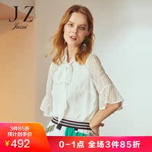 JUZUI/玖姿品牌女装2018温柔风垂感雪纺上衣拼接系带白衬衫女图片