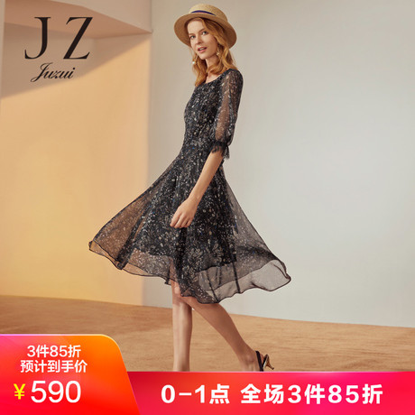 玖姿2018秋装新款仙气雪纺收腰显瘦中长连衣裙女商品大图