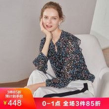 玖姿奥莱店2018冬装新款碎花上衣系带雪纺长袖小衫女图片