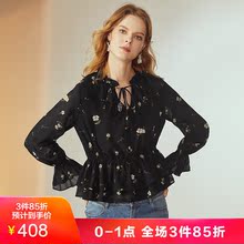 JUZUI/玖姿奥莱店2018秋装系带荷叶边印花雪纺小衫女上衣收腰图片