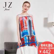 玖姿奥莱店正品女装2018夏装新款无袖圆领印花性感连衣裙图片
