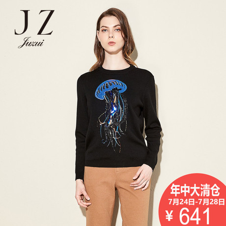 JUZUI/玖姿奥莱店秋装新款黑色水母印花韩版套头针织毛衫女商品大图