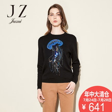 JUZUI/玖姿奥莱店秋装新款黑色水母印花韩版套头针织毛衫女图片