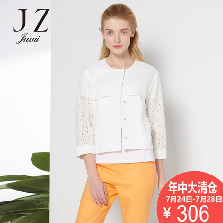 JUZUI/玖姿2018秋装新款棉质七分镂空袖圆领开衫休闲纯色短外套女商品大图
