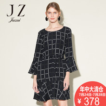 JUZUI/玖姿奥莱店女装裙子2017秋季新款格子印花中长款雪纺连衣裙图片