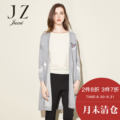 JUZUI/玖姿2017冬新款猫咪刺绣图案活力v领长袖中长款毛衫商品大图