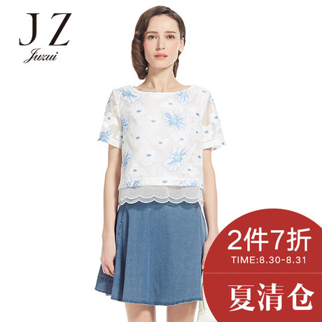JUZUI/玖姿奥莱店女夏装新修身微透雪纺拼接提花短袖上衣商品大图
