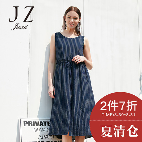 JUZUI/玖姿奥莱2018夏装新款条纹无袖圆领中长休闲连衣裙商品大图