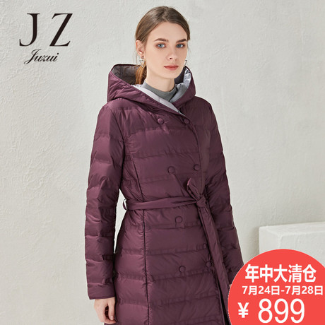 JUZUI/玖姿奥莱店2018冬装新款修身高腰长款长袖连帽羽绒外套女商品大图