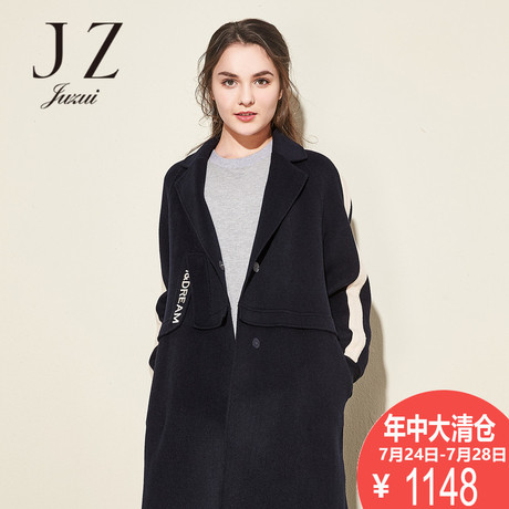 JUZUI/玖姿奥莱冬装新款翻领纯色毛呢大衣女中长款羊毛外套商品大图
