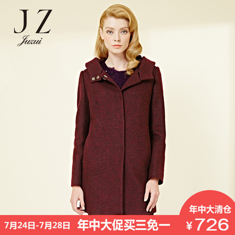 JUZUI/玖姿中长款连帽羊毛大衣女旗舰店冬新款显瘦呢子大衣商品大图