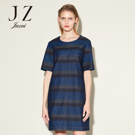 JUZUI/玖姿奥莱店连衣裙女横条纹短袖裙子女冬装2017新款裙子商品大图