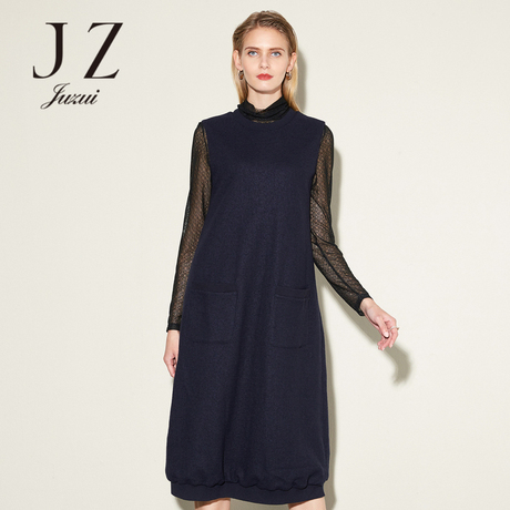 JUZUI/玖姿奥莱无袖口袋纯色裙子旗舰店208秋新款中长圆领连衣裙商品大图