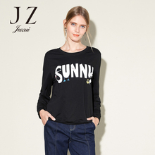 JUZUI/玖姿/旗舰店字母印花t恤女长袖圆领2017春季新款上衣女图片