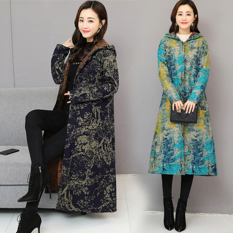 冬季新款复古文艺印花加绒加厚连帽风衣大码女装宽松长款棉麻外套商品大图