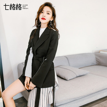 收腰中长款小西装女装2018新款春秋装韩版宽松休闲西服外套黑色潮图片