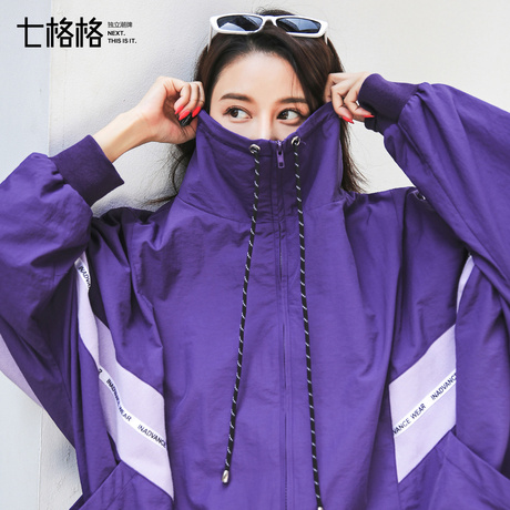 紫色中长款外套女装春秋季装2018新款韩版宽松学生嘻哈棒球服夏季商品大图