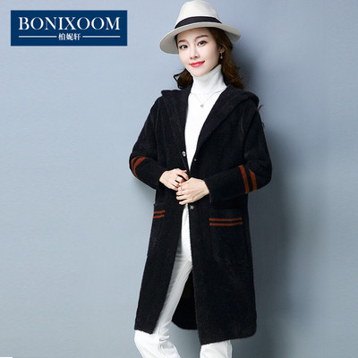 BONIXOOM2018秋冬女士带帽开衫外套韩版加厚长款毛毛绒大衣NL927