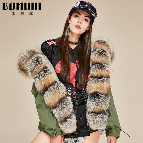 冬季2018新款女装韩版派克服皮草内胆狐狸毛连帽大毛领短款外套商品大图