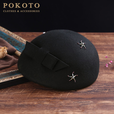 POKOTO帽子女士2018秋季复古风小礼帽圆顶俏皮贝雷帽空姐帽XJ923